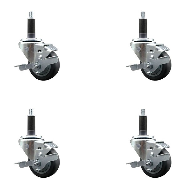 3'' SS Thermoplastic Rubber Swivel 1'' Expanding Stem Caster Set with Brake, 4PK